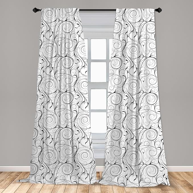 Ambesonne Black and White Curtains, Scribble Swirling Motifs Spiral Floral Stems Modern Abstract Scroll, Window Treatments 2 Panel Set for Living Room Bedroom, Pair of - 28" x 95", White Charcoal Grey