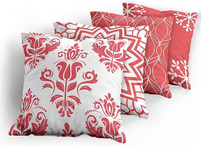 Ambesonne Retro Throw Pillow Cushion Case Pack of 4, Trellis Grid Medieval Floral Damask Mandala Flower Ornament in Modern Monochrome, Modern Accent Double-Sided Digital Printing, 16", Dark Coral