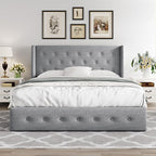 Allewie Queen Size Lift Up Storage Bed, Button Tufted Headboard with Wingback, Hydraulic Support, No Box Spring Needed, Light Grey