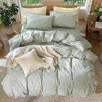MooMee Bedding Duvet Cover Set 100% Washed Cotton Linen Like Textured Breathable Durable Soft Comfy (Heathered Sage Green, Oversized Queen 98"x98")