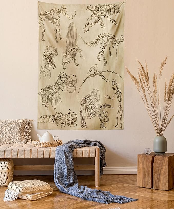 Lunarable Dinosaur Tapestry, Hand Drawn Style Skeletons Bones from Medieval Times Archeology Theme, Wall Hanging for Bedroom Living Room Dorm Decor, 40" X 60", Sand Brown Army Green