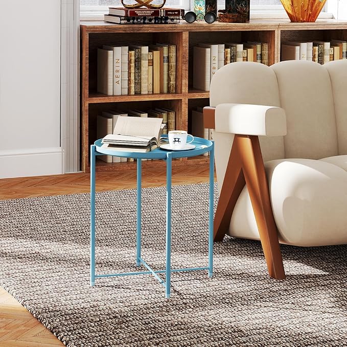 HollyHOME Round Metal Side Table, Outdoor Small Folding Accent Stand with Removable Tray, 17.72'' Portable End Table for Balconies, Gardens, Living Rooms and Bedrooms, Blue