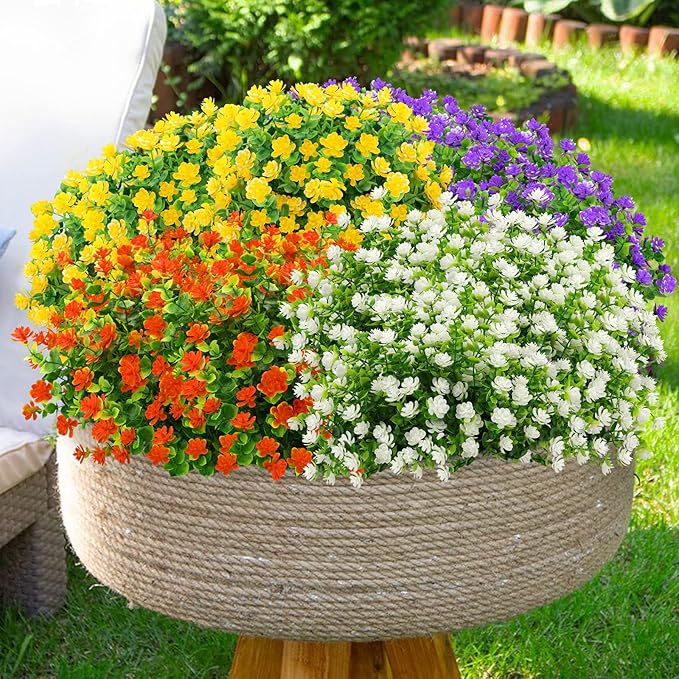 GREENRAIN Artificial Flowers Outdoor Fake Flowers for Decoration UV Resistant No Fade Faux Plastic Plants Garden Porch Window Box Décor (6 Bundles, 3#Purple)