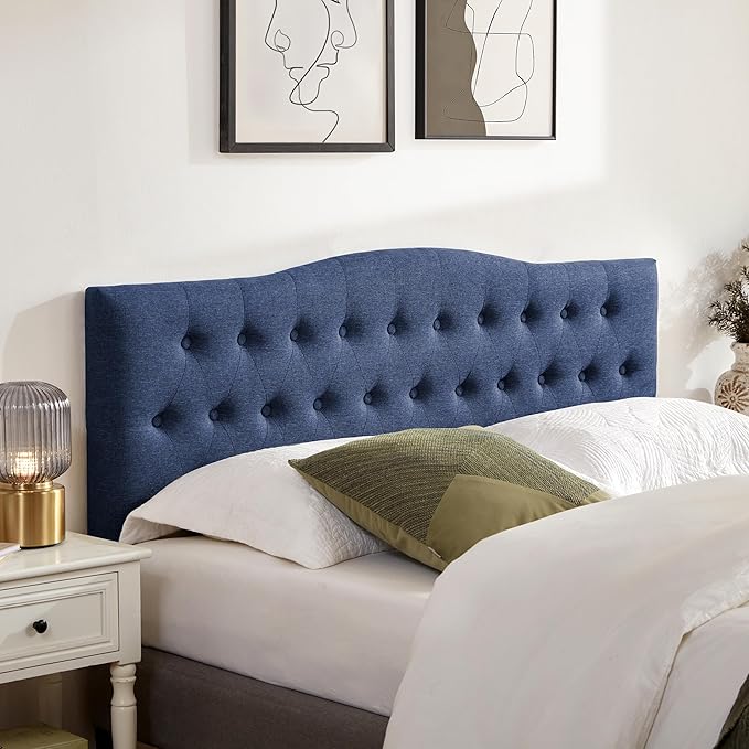 Tufted Upholstered Headboard Queen Size, Sturdy & Durable Solid Wood Bed headboard, Fabric Headboard Adjustable Height from 37” to 51”, Modern Button Diamond Design Head Board, Blue