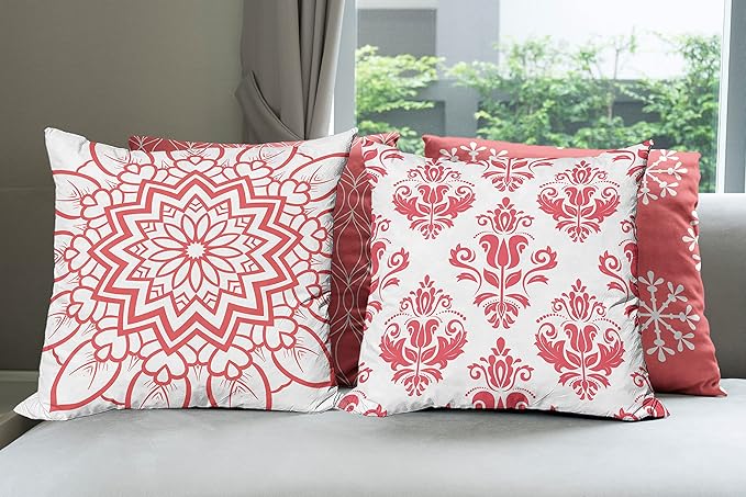 Ambesonne Retro Throw Pillow Cushion Case Pack of 4, Trellis Grid Medieval Floral Damask Mandala Flower Ornament in Modern Monochrome, Modern Accent Double-Sided Digital Printing, 16", Dark Coral