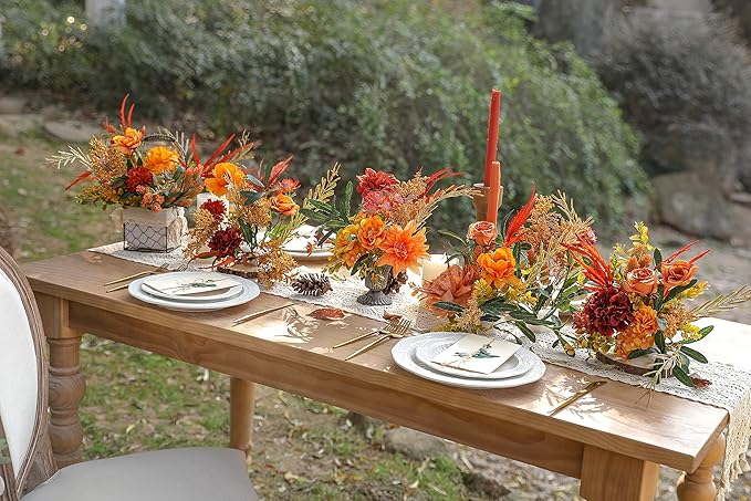 Artificial Flowers 25pcs Real Looking Red Silk Fake Flowers Combo with Stems for DIY Wedding Bouquets Bridal Shower Centerpieces Party Decorations (Orange)