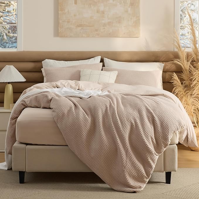 Bedsure 100% Cotton Duvet Cover Queen Size with Fitted Sheet - 4 Pieces Khaki Waffle Weave Bedding Set, GentleSoft™ and Breathable, Includes 1 Duvet Cover 90x90, 1 Fitted Sheet, 2 Pillow Shams