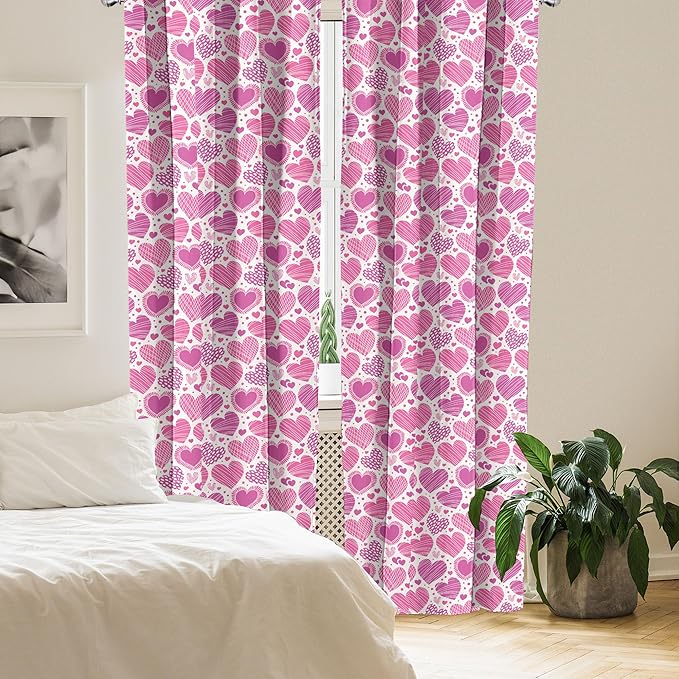 Ambesonne Valentines Window Curtains, Romantic Heart Shapes with Many Different Designs Polka Dots Crossed Lines, Lightweight Decorative Panels Set of 2 with Rod Pocket, 56" x 95", Pink White