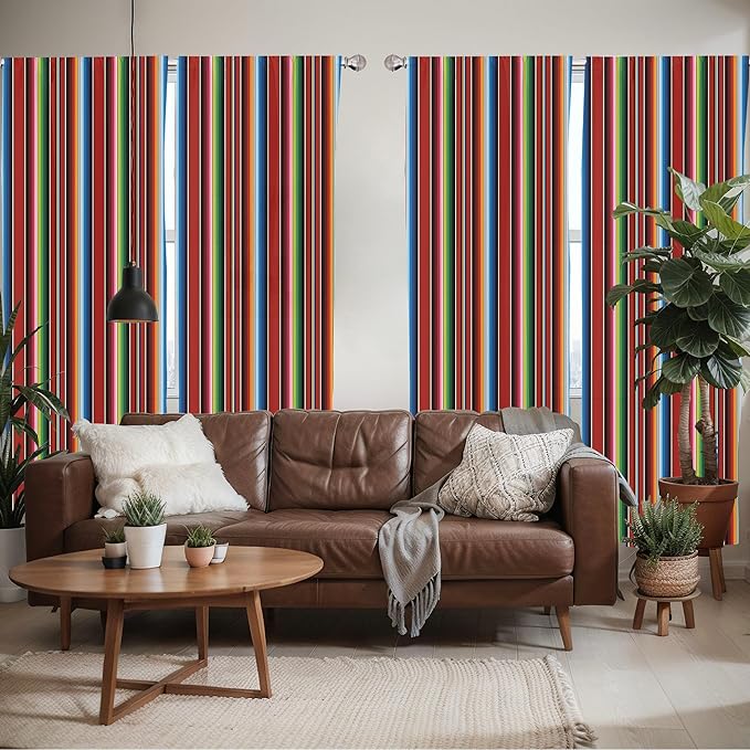 Ambesonne Cinco de Mayo Window Curtains Pack of 2, Mexican Serape Colorful Stripes Vertical Lines Latino Design Illustration, Lightweight Set with Rod Pocket, 4 Panels of - 28" x 95", Burgundy Blue