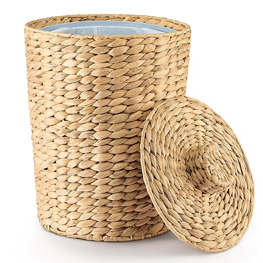 4 Gallons Wicker Waste Basket - Water Hyacinth Bathroom Garbage Can with a Lid - Bathroom Trash Can Boho Style - Wicker Trash Can with Lid for Household, Kitchen - Removable Liner, Iron Frame