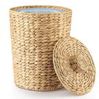 4 Gallons Wicker Waste Basket - Water Hyacinth Bathroom Garbage Can with a Lid - Bathroom Trash Can Boho Style - Wicker Trash Can with Lid for Household, Kitchen - Removable Liner, Iron Frame