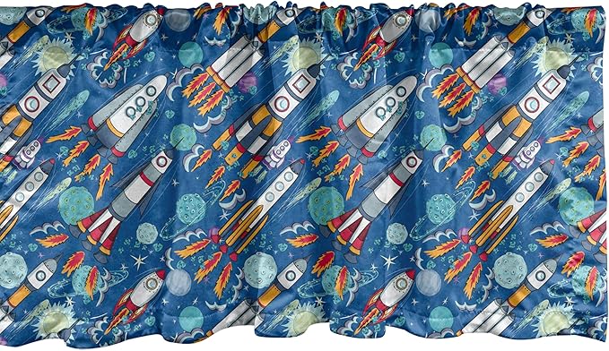 Ambesonne Spaceship Window Valance, Hand-Drawn Cartoon Spaceships Planets and Stars Outer Space Exploration Theme, Curtain Valance for Kitchen Bedroom Decor with Rod Pocket, 42" x 18", Violet Blue