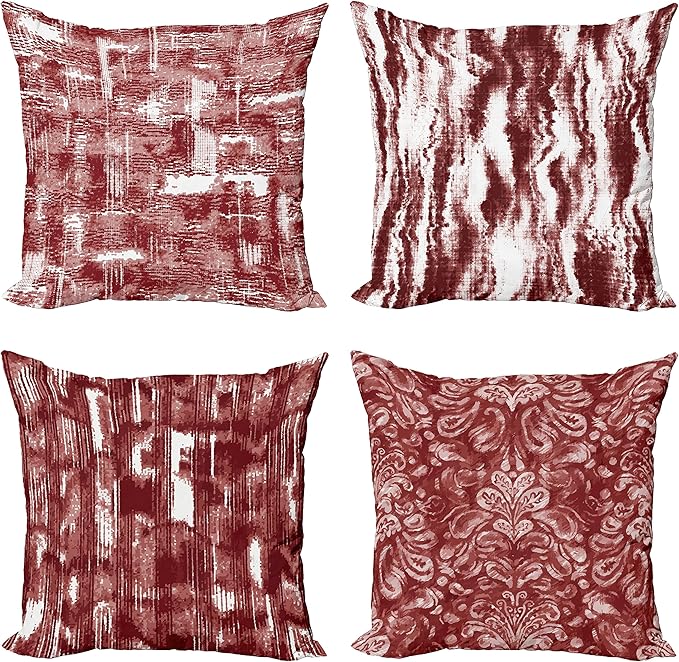 Ambesonne Vintage Throw Pillow Cushion Case Pack of 4, Abstract Grunge Effect Brushstrokes and Waving Striping Stains Paisley Drops, Modern Accent Double-Sided Digital Printing, 24", Maroon Rust White