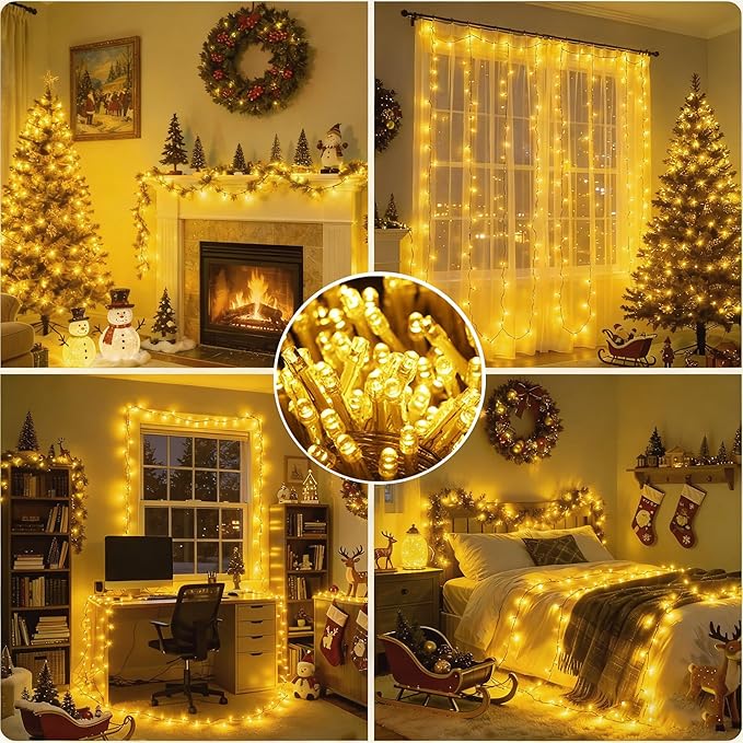66Ft 200LED Warm White Christmas Lights Plug in,8 Modes Connectable String Light Classroom Lights Indoor Outdoor for Halloween Christmas Tree Bedroom Garden Decor (Clear Wire)