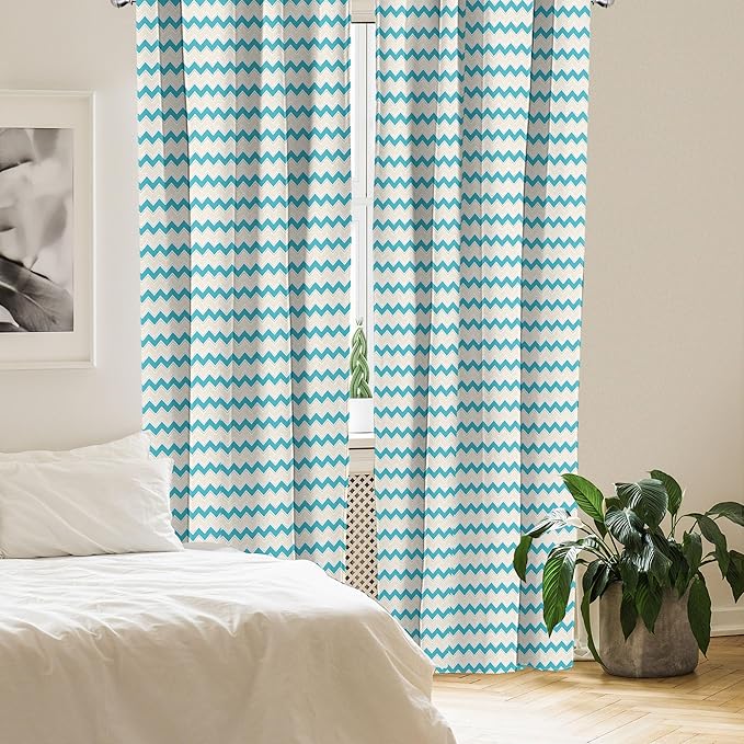 Ambesonne Teal Curtains, Horizontal Zigzag Lines Chevron Triangles Pattern Simple Classical Geometric Design, Window Treatments 2 Panel Set for Living Room Bedroom, Pair of - 28" x 63", Cream Teal