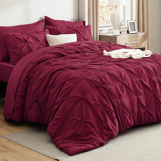 Bedsure King Size Comforter Set Dark Red - Bed in a Bag Bedding Set 7 Pieces, GentleSoft™ Pintuck Bed Set Gift for Family, Pinch Pleat Dark Red Comforter with Sheets, Pillowcases & Shams