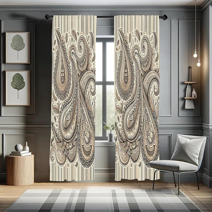 Ambesonne Paisley Curtains, Delicate Bohemian Leafy Motives on Stripes in Neutral Muted Colors, Window Treatments 2 Panel Set for Living Room Bedroom, Pair of - 28" x 84", Warm Taupe Ivory and Sepia