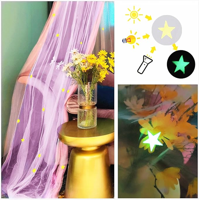 Eimilaly Two-Tone Bed Canopy Stars Glow in The Dark Pink Purple, Mosquito Net Bed Canopy for Girls Room Decor, Single Door