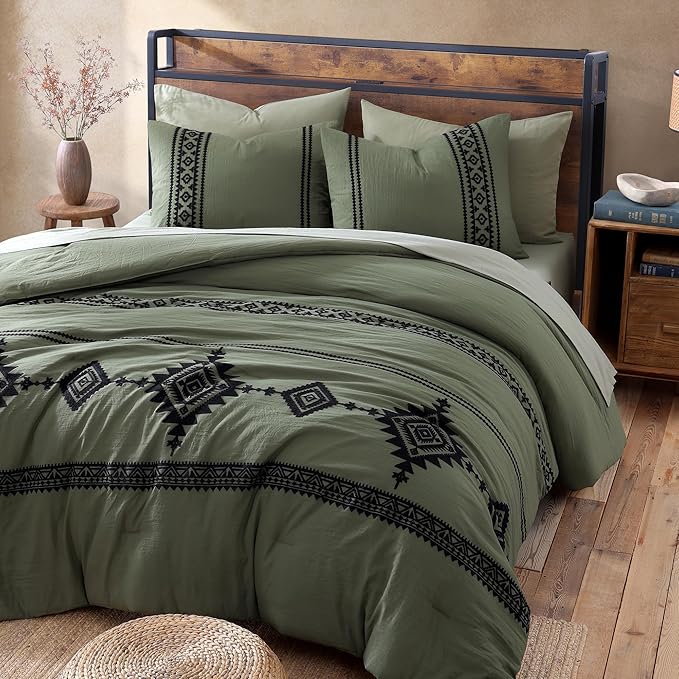 MaiRêve Oversized Queen Comforter Set Olive Green, Embroidery Western Bedding Set Boho 7 Pieces, Farmhouse All Season Bed in A Bag with Sheets, Pillowcases & Shams