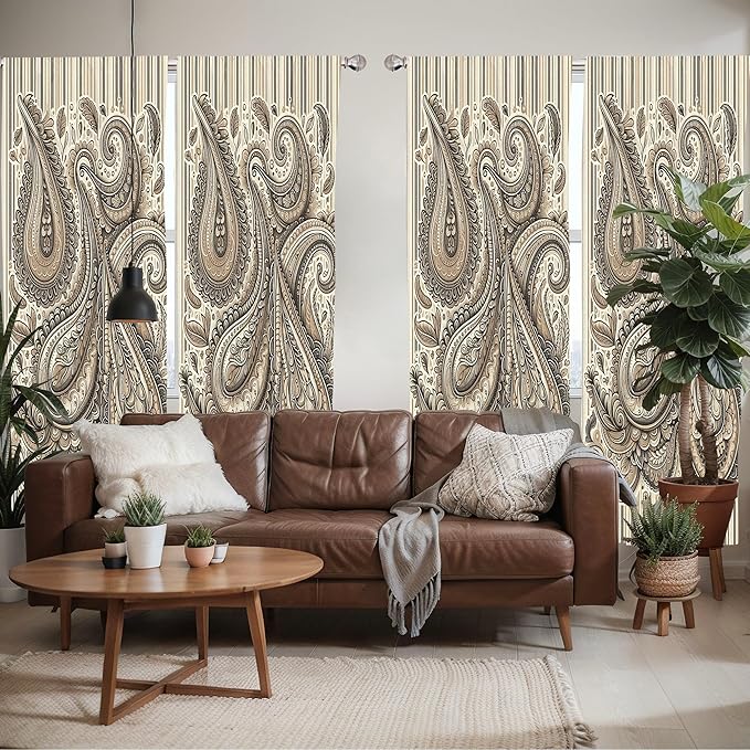 Ambesonne Paisley Window Curtains Pack of 2, Delicate Bohemian Leafy Motives on Stripes in Neutral Muted Colors, Lightweight Set with Rod Pocket, 4 Panels of - 28" x 84", Warm Taupe Ivory and Sepia