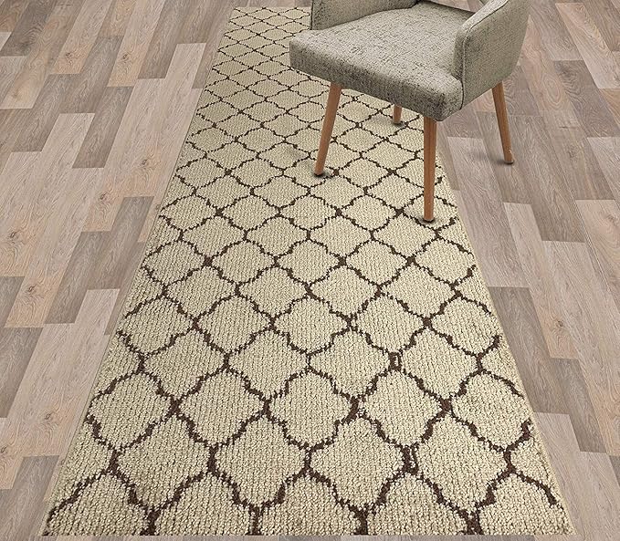 Custom Size Modern Runner Rug Carpet for Hallway Entryway Foyer Kitchen, Slip Resistant Latex Rubber Backed 31 inch Wide X Customized Length, Trellis Beige, 31 inch X 27 feet