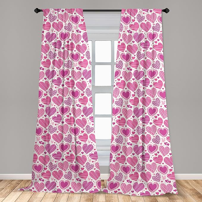 Ambesonne Valentines Window Curtains, Romantic Heart Shapes with Many Different Designs Polka Dots Crossed Lines, Lightweight Decorative Panels Set of 2 with Rod Pocket, 56" x 95", Pink White