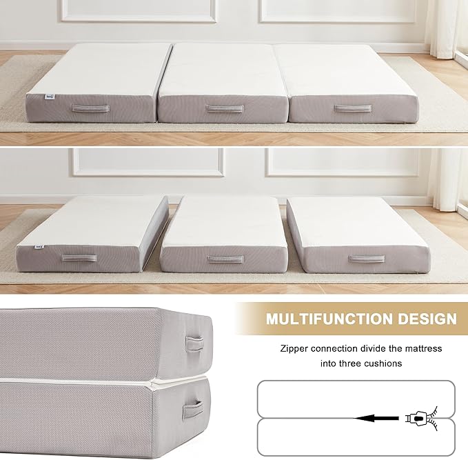 Folding Mattress, 6 Inch Memory Foam Tri-fold Mattress with Breathable & Washable Bamboo Fiber Fabric Cover, Foldable Guest Bed for Camping, Road Trip, Queen