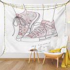 Lunarable Cartoon Tapestry King Size, Shoes with Floral Pattern Teenage Girls Sneakers Flowers Birds Retro Urban, Wall Hanging Bedspread Bed Cover Wall Decor, King Size, Rose White