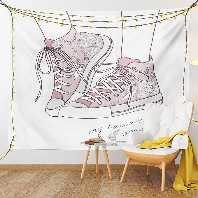 Lunarable Cartoon Tapestry King Size, Shoes with Floral Pattern Teenage Girls Sneakers Flowers Birds Retro Urban, Wall Hanging Bedspread Bed Cover Wall Decor, King Size, Rose White