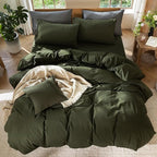 MooMee Bedding Duvet Cover Set 100% Washed Cotton Linen Like Textured Breathable Durable Soft Comfy (Solid Olive Green, Super King 108"x98")