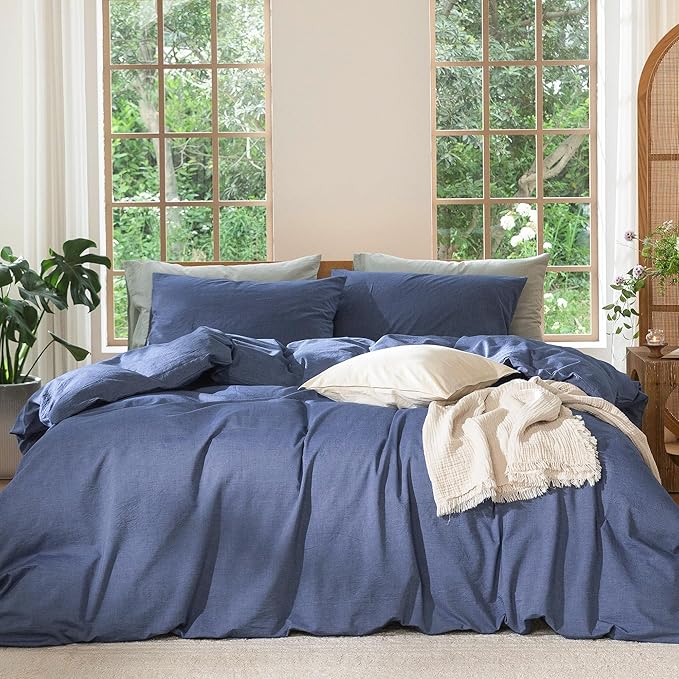MooMee Bedding Duvet Cover Set 100% Washed Cotton Linen Like Textured Breathable Durable Soft Comfy (Heathered Blue, Queen 90"x90")