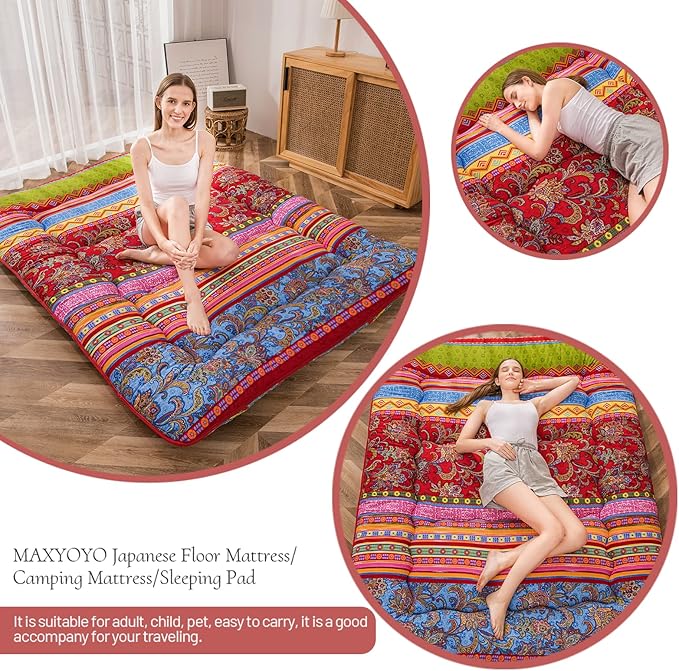 MAXYOYO Bohemian Retro Floor Mattress Vintage Floral Japanese Futon Mattress Roll Up Thicken Sleeping Bed Portable Camping Mattress Floor Lounger Couch Bed Mattress Pad, Full Size
