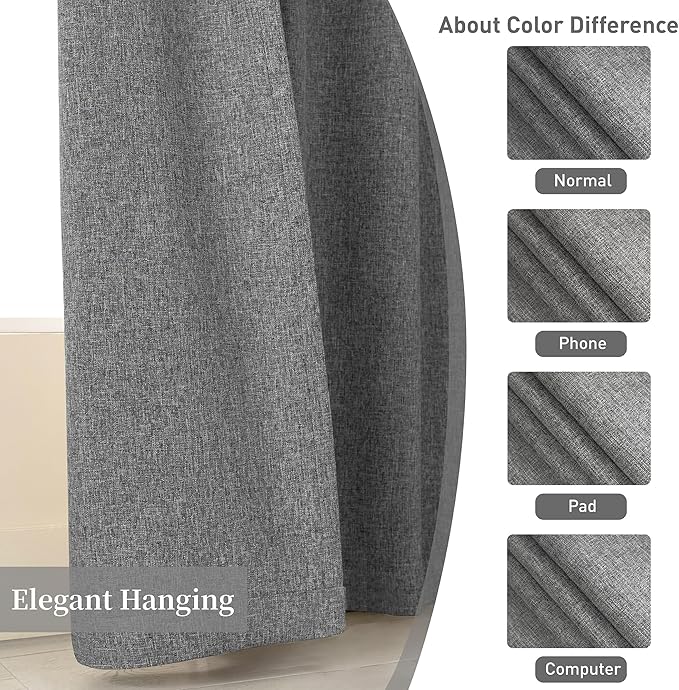 Neutral Grey Blackout Linen Curtains 90 Inches Long 2 Panels Set for Living Room, Rod Pocket/Hook Belt/Back Tab Room Darkening Soft Thick Linen Modern Curtains for Bedroom Dining, 52x90