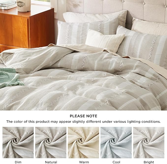 Bedsure Waffle Weave Duvet Cover King - 100% Cotton Boho Duvet Cover with 2 Pillowcases - Linen Color Textured Comforter Cover with Zipper Closure (King, 104"x90")