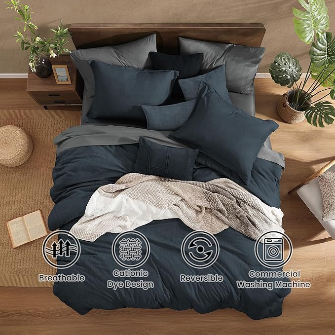 Monbix Twin XL Comforter Set Navy Blue, Cationic Dyeing Bedding Set Reversible 5 Pieces, All Season Bed in a Bag with Comforter, Sheets, Pillowcase & Sham