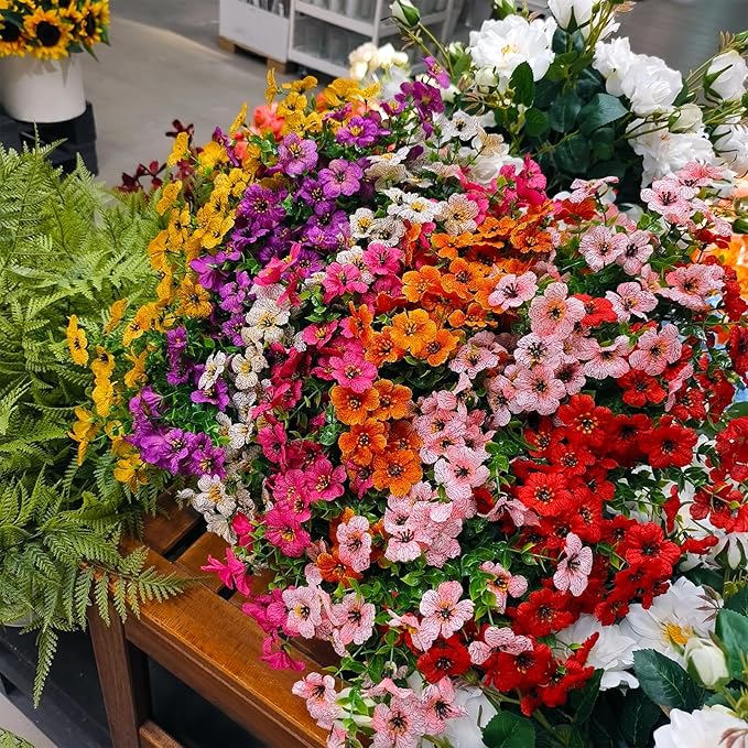 28 Bundles Silk Daisy Fake Plants Faux Flowers UV Resistant Fake Bushes Plastic Artificial Flowers Faux Outdoor Indoor Plants for Spring Summer Decoration (7 Colors)