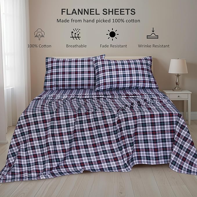RUVANTI Flannel Sheets Queen Size - 100% Cotton Double Brushed Bed Sheets, Deep Pockets 16 Inches Queen Sheet Set, All Seasons Breathable & Extra Soft - Warm & Cozy, 4 Piece, Noel