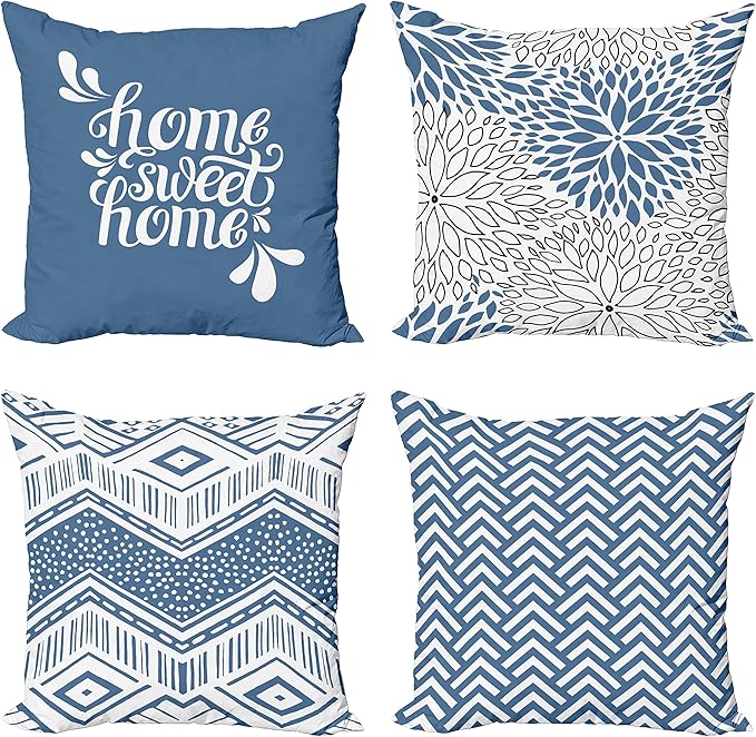 Ambesonne Geometric Throw Pillow Cushion Case Pack of 4, Home Phrase Minimal Zigzag Squama Dahlia Flower Petals Chevron Tribal, Modern Accent Double-Sided Digital Printing, 20", Slate Blue and White