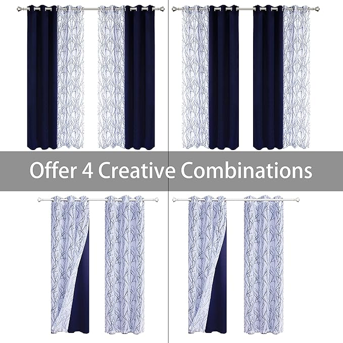 BONZER Mix and Match Curtains - 2 Pieces Branch Print Sheer Curtains and 2 Pieces Blackout Curtains for Bedroom Living Room Grommet Window Drapes, 37x63 Inch/Panel, Indigo, Set of 4 Panels