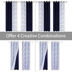 BONZER Mix and Match Curtains - 2 Pieces Branch Print Sheer Curtains and 2 Pieces Blackout Curtains for Bedroom Living Room Grommet Window Drapes, 37x63 Inch/Panel, Indigo, Set of 4 Panels