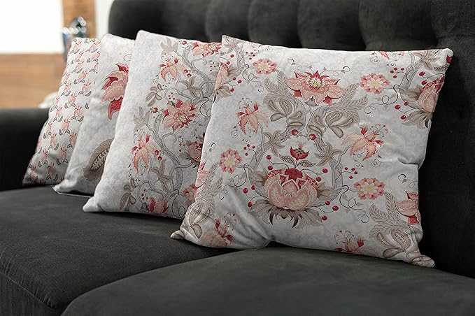Ambesonne Vintage Throw Pillow Cushion Case Pack of 4, Ethnic Folkloric Flower Motifs in Neutral Tones Nostalgic Floral, Modern Accent Double-Sided Digital Printing, 24", Salmon Vermilion