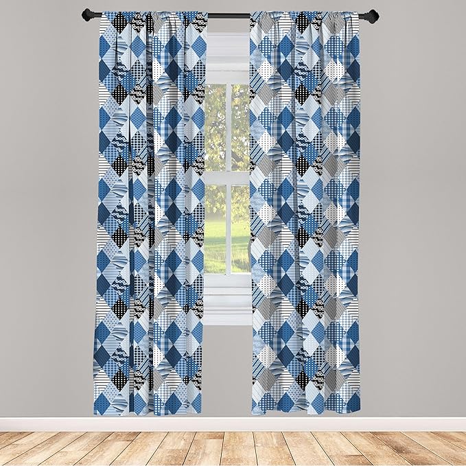 Ambesonne Geometric Window Curtains, Geometrical Diamond Shaped Lines with Various Nostalgic Fashioned Old Pattern, Decorative Panels Set of 2 with Rod Pocket, Pair of - 28" x 63", Black Blue