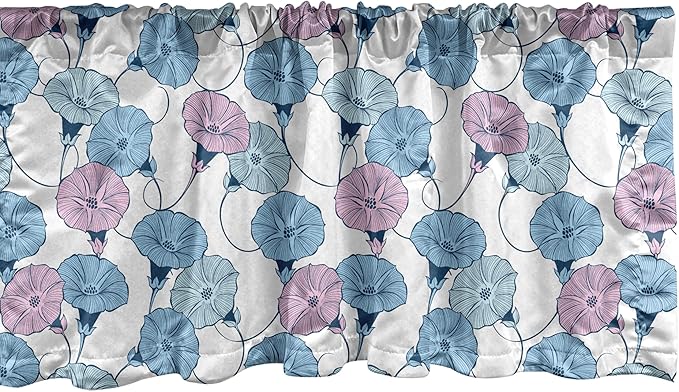 Ambesonne Flower Window Valance, Delicate Pastel Spring Trill Bindweeds, Curtain Valance for Kitchen Bedroom Decor with Rod Pocket, 42" x 12", Blue Grey Mauve