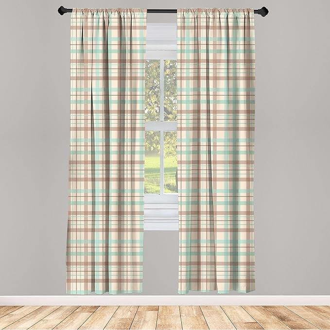 Ambesonne Plaid Curtains, Scottish Country Style Tartan with Abstract Design Diagonal Striped Lines, Window Treatments 2 Panel Set for Living Room Bedroom, Pair of - 28" x 63", Mint Green