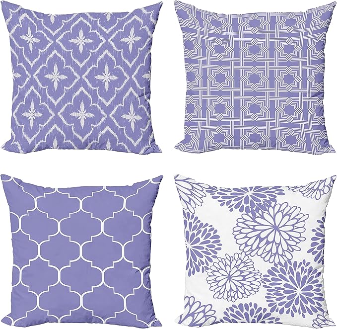 Ambesonne Vintage Throw Pillow Cushion Case Pack of 4, Monochrome Design Grid Trellis Quatrefoil Mesh and Dahlia Flowers Modern Print, Modern Accent Double-Sided Digital Printing, 20", Lavender White