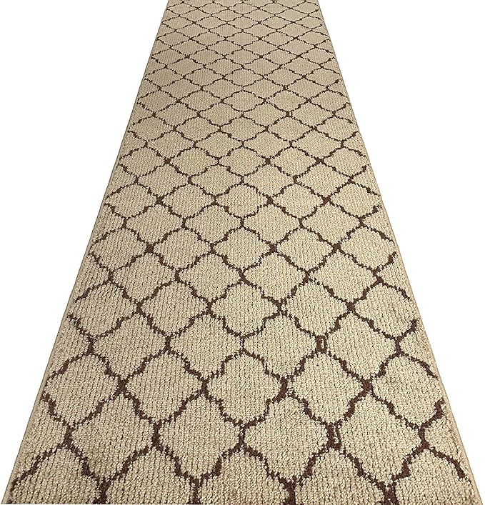 Custom Size Modern Runner Rug Carpet for Hallway Entryway Foyer Kitchen, Slip Resistant Latex Rubber Backed 31 inch Wide X Customized Length, Trellis Beige, 31 inch X 29 feet