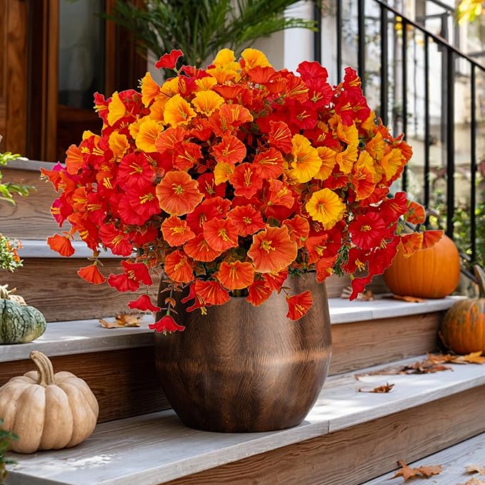 Artificial Fall Flowers Outdoor Fake Mums - 16 Bundles Fake Plants UV Resistant No Fade Faux Plastic Greenery Garden Morning Glory Home Decor (1, MixedFall 4 Colors)