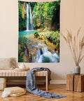 Lunarable Nature Tapestry King Size, Green Forest Waterfall and River Pool Pond Water Source Earth Landscape, Wall Hanging Bedspread Bed Cover Wall Decor, 23" X 28", Pale Brown and Green