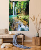 Lunarable Nature Tapestry King Size, Green Forest Waterfall and River Pool Pond Water Source Earth Landscape, Wall Hanging Bedspread Bed Cover Wall Decor, 88" X 88", Pale Brown and Green