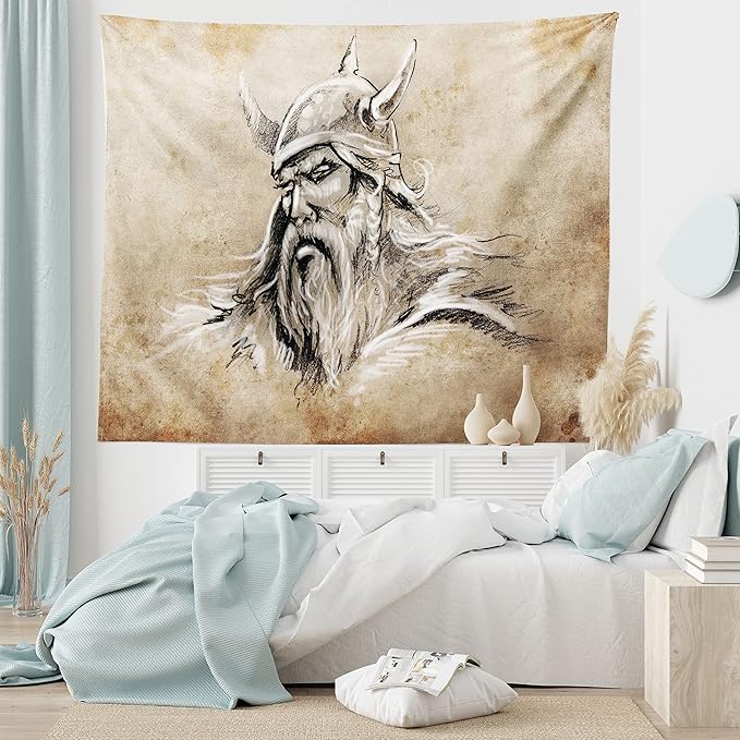 Lunarable Viking Tapestry, Sketch Style Scandinavian Warrior with Beard and Hat Masculine Portrait Tattoo, Wide Wall Hanging for Bedroom Living Room Dorm, 80" X 60", Beige Tan